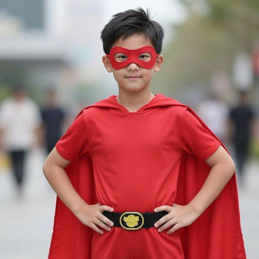 Photograph of a young Asian boy in a red superhero costume, red mask, and cape, standing confidently with hands on hips. Blurred outdoor background