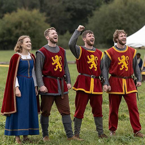 Cheering Medieval Reenactors in Colorful Attire