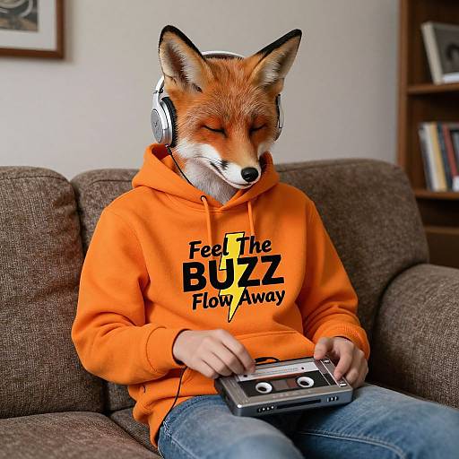 Photograph of an anthropomorphic fox wearing an orange 