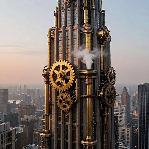 Photograph of a towering, steampunk-inspired skyscraper with large golden gears and steam emanating from its metallic structure, set against a cityscape