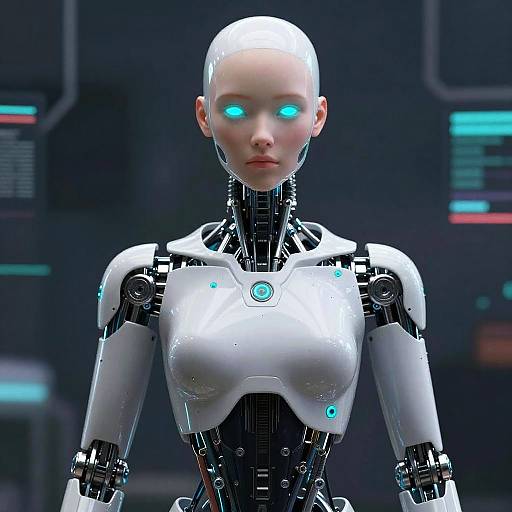 CGI image of a bald, white-skinned, glowing blue-eyed female humanoid robot with white and black metallic armor, standing in a dark, futuristic