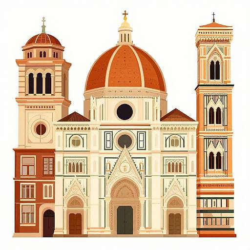 Digital illustration of a Romanesque-style church with a central dome, left bell tower, and right tower, in warm reds, creams, and