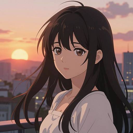 Anime-style digital drawing of a young woman with long black hair, brown eyes, and white blouse, standing on a rooftop at sunset, cityscape in
