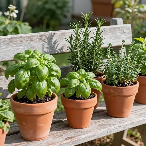 Photograph of four small terracotta pots with basil, rosemary, and other herbs on a weathered wooden bench in a sunlit garden.