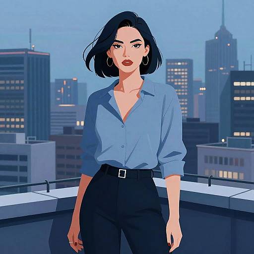 Stylized Woman on City Rooftop at Dusk