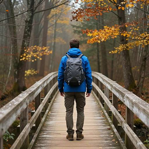 Man Standing on Wooden Bridge in Autumn Forest