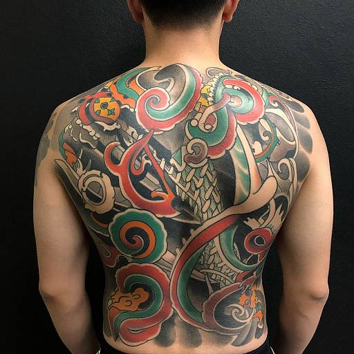 Photograph of a tattooed Asian man's back featuring vibrant, intricate traditional Japanese-style designs with bold colors, including red, green, and orange,