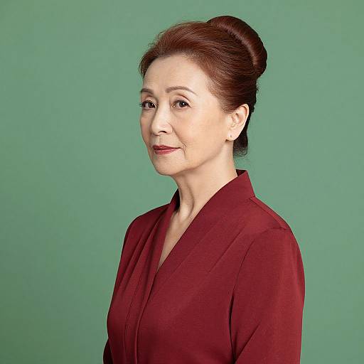 Photograph of an Asian woman with fair skin, dark brown updo hairstyle, wearing a maroon V-neck blouse, smiling, against a green background