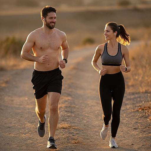 Photograph of a smiling, shirtless, bearded man in black shorts and a fit, brown-haired woman in a sports bra and black leggings running
