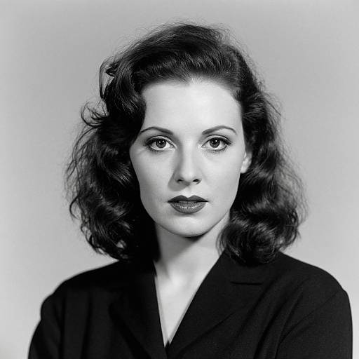 Black and white photograph of a woman with wavy, dark hair, dark lipstick, and a black blazer, staring directly at the camera.