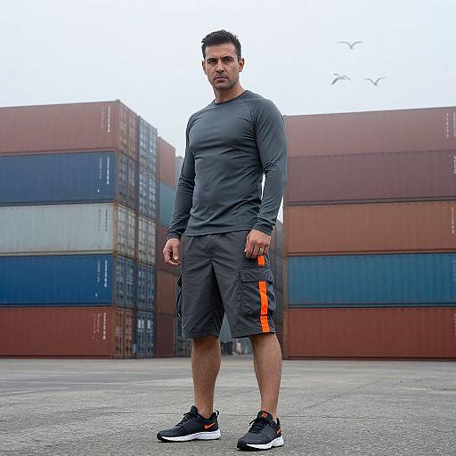 Photograph of a muscular man with short dark hair, wearing a gray long-sleeve shirt, black shorts with orange stripes, and black sneakers,
