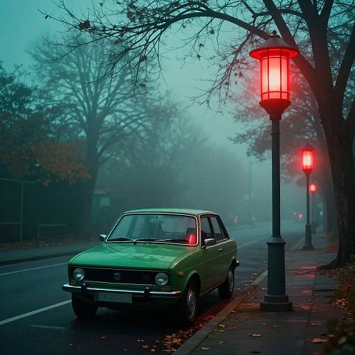 Photograph of a green vintage car parked on a foggy, leaf-strewn street at night, illuminated by red street lamps.
