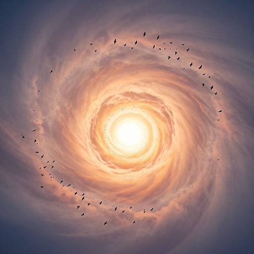 Photograph of a swirling, glowing sun-like vortex with a flock of birds flying in a circular pattern around its radiant center.