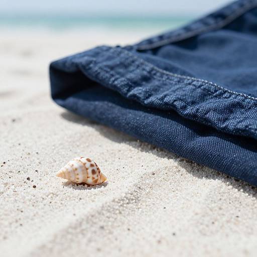 Photograph of a small, beige and brown speckled seashell on white sandy beach, with folded dark blue denim fabric in the blurred background