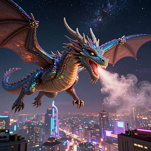 CGI dragon with glowing blue scales, open mouth breathing fire, soaring over a neon-lit cityscape at night. Starry sky background.