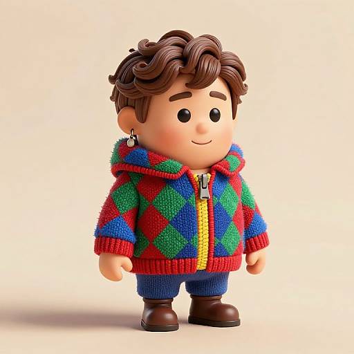 Photorealistic 3D cartoon boy with curly brown hair, smiling, wearing red and green diamond-patterned hoodie, blue pants, brown shoes,