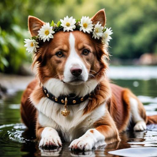 Red Border Collie with Flower Crown in Water