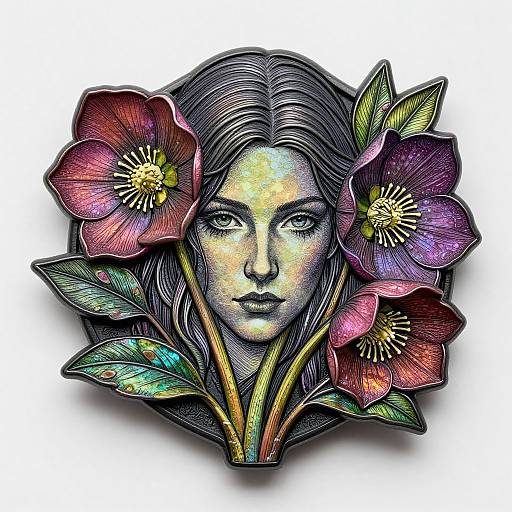 Digital tattoo-style portrait of a woman with intense eyes, surrounded by vibrant, multi-colored flowers with detailed petals and leaves.