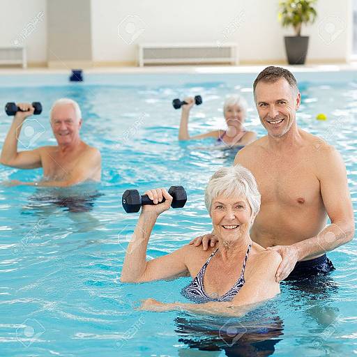 Photograph of an elderly white woman with short gray hair, wearing a striped swimsuit, being assisted by a smiling white man in a pool, joined