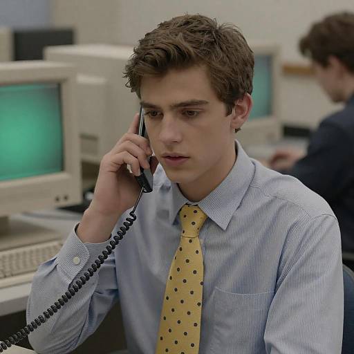 Young Man with Phone in Retro Office