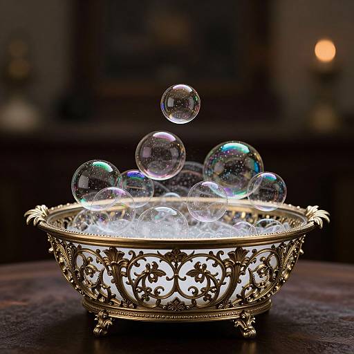 Photograph of an ornate golden bowl with intricate floral patterns, filled with glowing, iridescent soap bubbles floating upwards. Dark, blurred background.