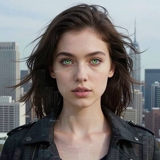 Photorealistic digital portrait of a young woman with green eyes, pale skin, and disheveled dark brown hair, wearing a black jacket, set