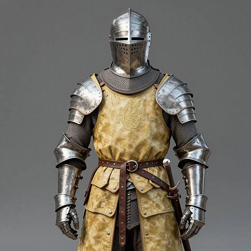 Photograph of a medieval knight in shiny silver armor, with a gold-brown patterned tunic, dark chainmail, and brown belt, standing