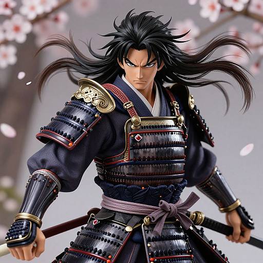 Digital artwork of a fierce samurai with long black hair, intense blue eyes, wearing detailed black armor, holding a sword, amidst cherry blossoms.