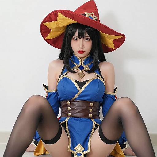 Confident Woman in Blue and Gold Cosplay
