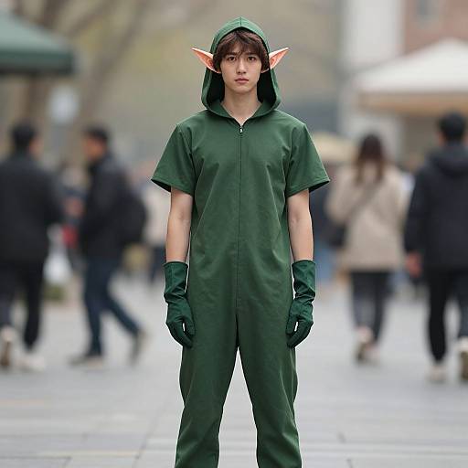 Photograph of a young Asian man in a green elf costume with pointed ears, hood, and gloves, standing on a city street with blurred pedestrians in