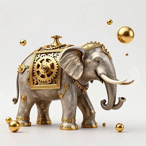 Digital illustration of an ornate, silver elephant adorned with gold gears, chains, and spheres, standing on white background with floating gold balls.