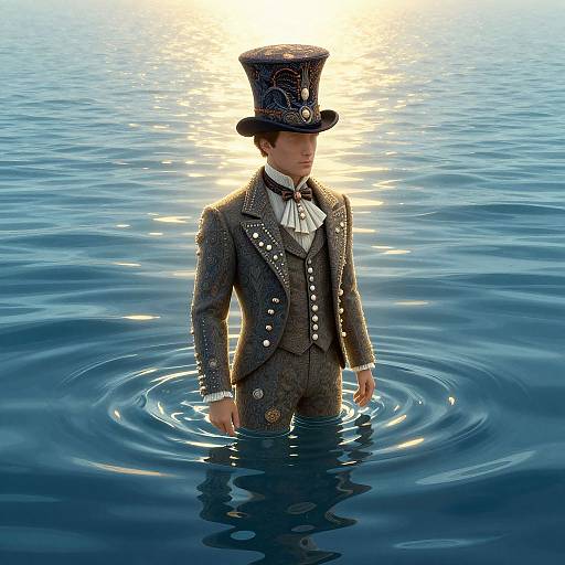 Photograph of a man in a Victorian-style gray suit and top hat, standing waist-deep in shimmering blue water with sunlight reflecting behind him.