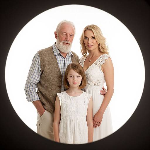 Photograph of an elderly white man with white beard, a blonde white woman in a white dress, and a young white girl in a white dress,