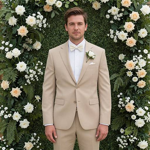 Photograph of a handsome man in a beige suit with white shirt and bow tie, standing in front of a lush floral arch with white and cream roses