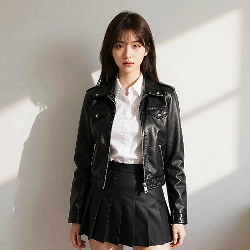 Photograph of a young Asian woman with straight black hair, wearing a black leather jacket, white shirt, and black pleated skirt, standing against a