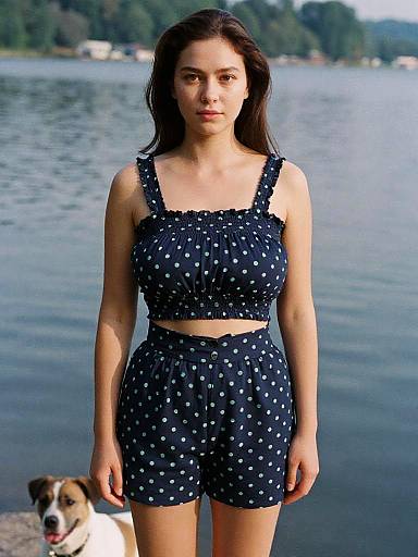 Photograph of a young woman with long dark hair, wearing a black polka dot crop top and shorts, standing by a lake with a dog in
