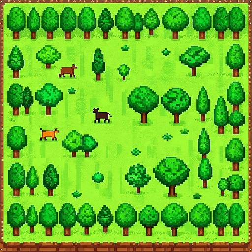 Pixel art of a bright green forest with evenly spaced trees, a brown deer, and an orange fox, bordered by a brown frame.