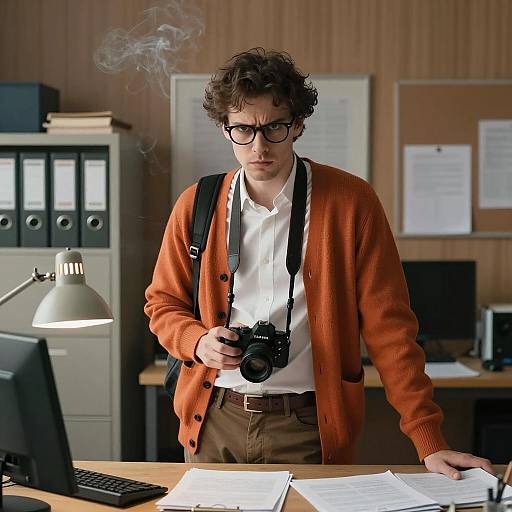Intense Man in Cluttered Office Scene