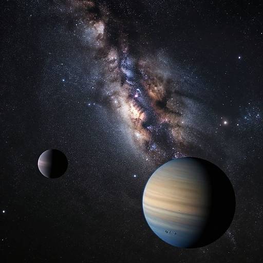Digital art of space with Milky Way galaxy, three planets: small dark gray, large gas giant with yellow and brown stripes, and a distant smaller planet