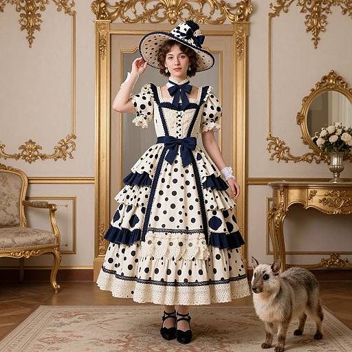 Vintage photograph of a woman in a black-and-white polka dot dress with black ribbons, hat, and shoes, standing in an ornate,