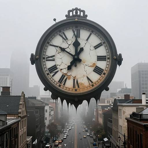 Photograph of a large, cracked, floating clock with black Roman numerals, dripping edges, over a foggy city street with traffic.