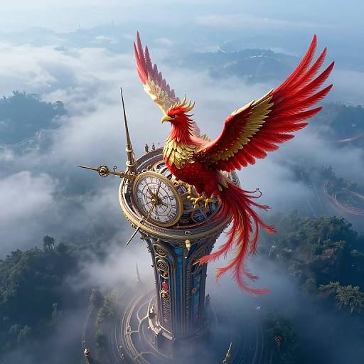 Digital art: Vibrant red phoenix with golden accents perches on a clock tower amidst misty mountains, with winding roads below.