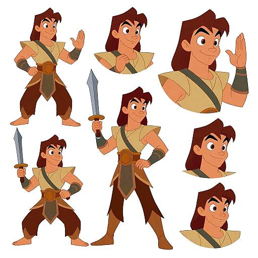 Cartoon-style character sheet featuring a confident, brown-haired warrior with tan shirt, brown pants, belt, and sword, in various poses.