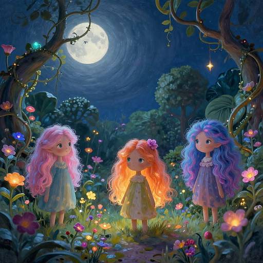 Digital painting of three wide-eyed, doll-like girls with long, colorful hair standing in a moonlit, vibrant flower garden under a swirling night sky.