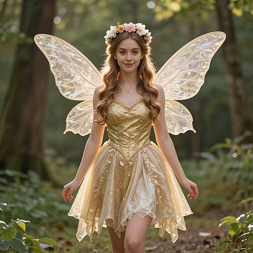 Photograph of a young fairy with long brown hair, golden dress, translucent wings, flower crown, in a sunlit forest.