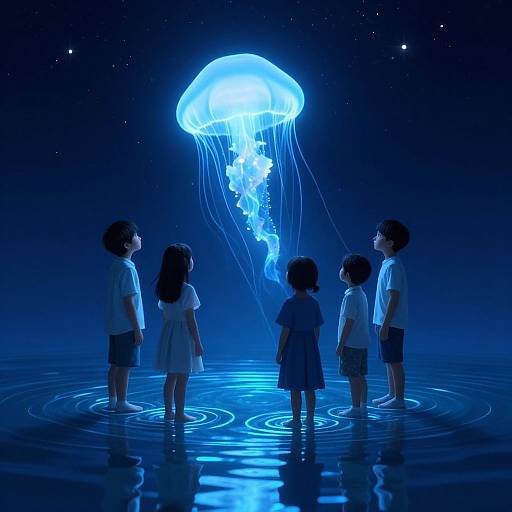 Digital illustration of five children in white clothes, standing in water, gazing at a glowing blue jellyfish in a starry night sky.