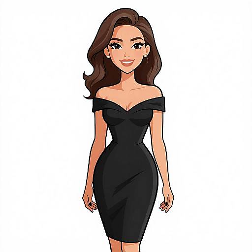Digital illustration of a smiling woman with long brown hair, wearing an off-shoulder black dress, standing against a white background.