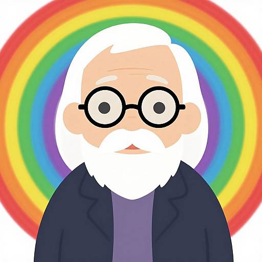 Cartoon of bald, bearded man with round glasses, black jacket, white hair, against vibrant rainbow background. Simplistic, flat colors.