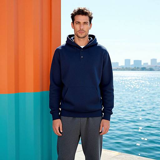 Photograph of a bearded man in a navy hoodie and gray pants, standing against an orange and blue striped wall by a waterfront.