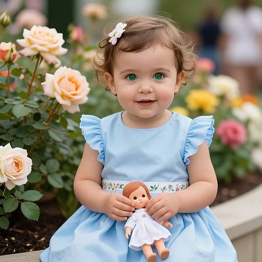 Photograph of a cute, curly-haired toddler girl with green eyes, wearing a light blue dress and white hair clip, holding a doll, surrounded by